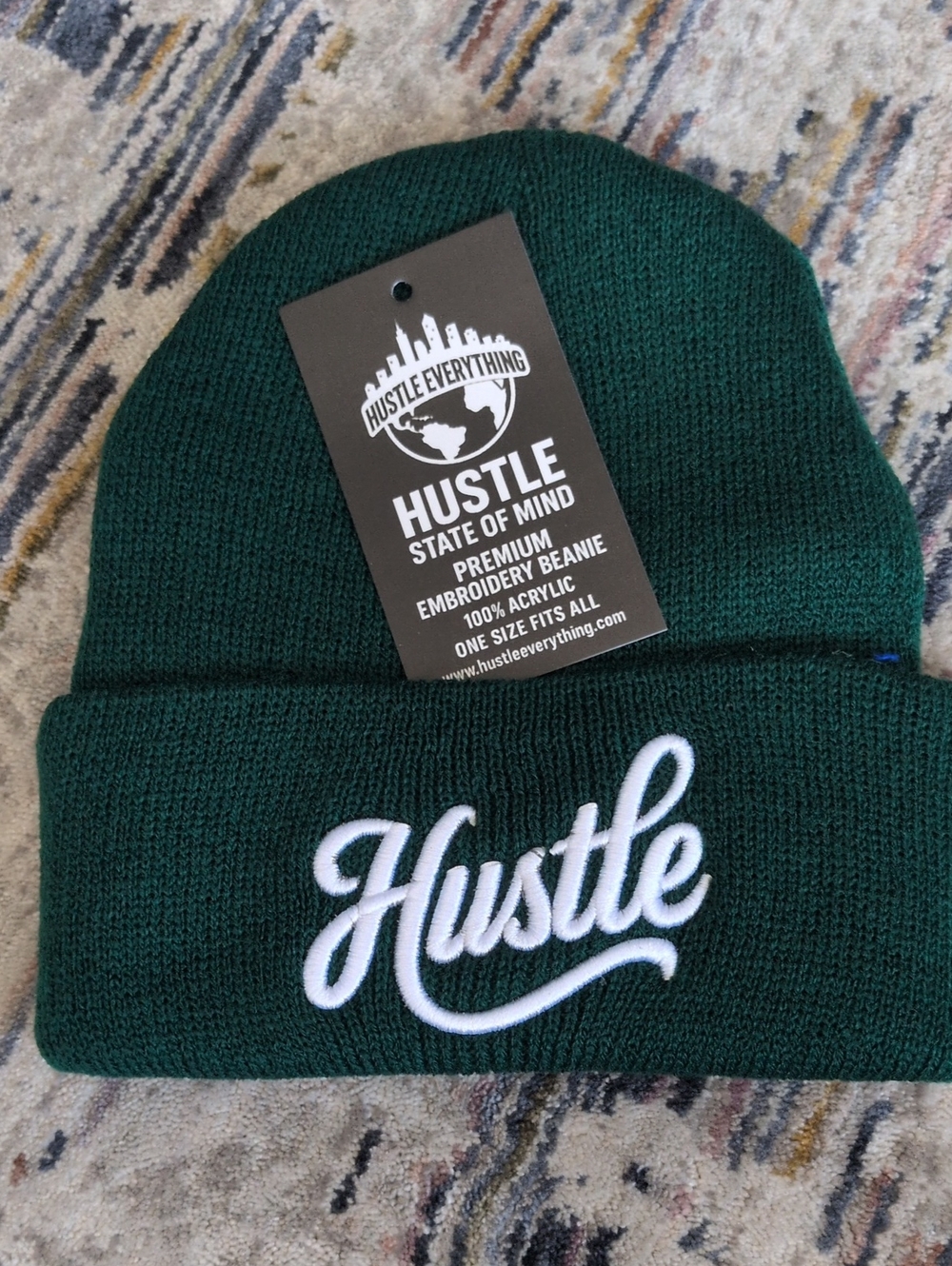 Hustle Forest Green Beanie with White Embroidery